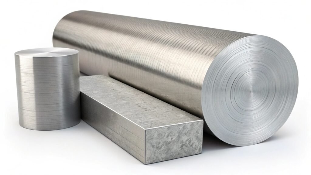 alt with keywords: collection of aluminum billets of different alloys like 6061 and 7075 ready for forging